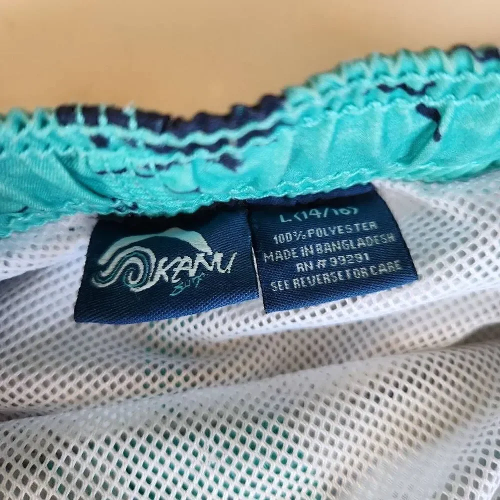 Okanu surf large 14/16 swim trunks teal palm tree board swimming shorts